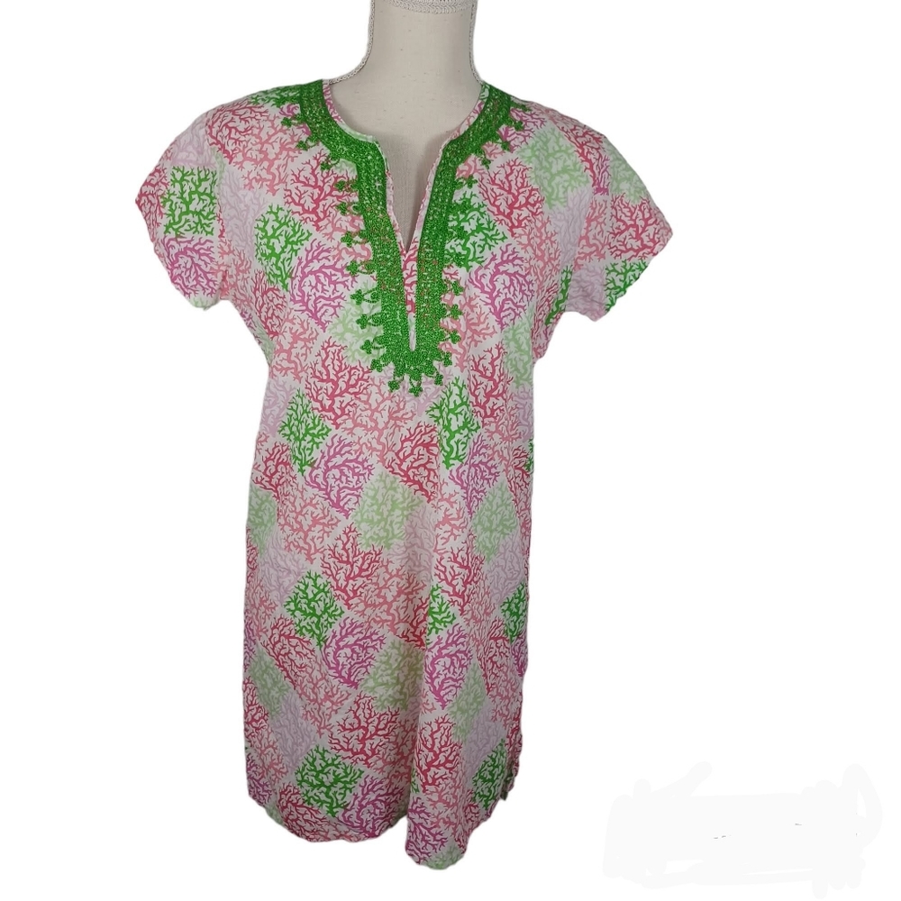 Top It Off Floral Tunic Dress Small Pink & Green -V-Neck -Short Sleeves-Short